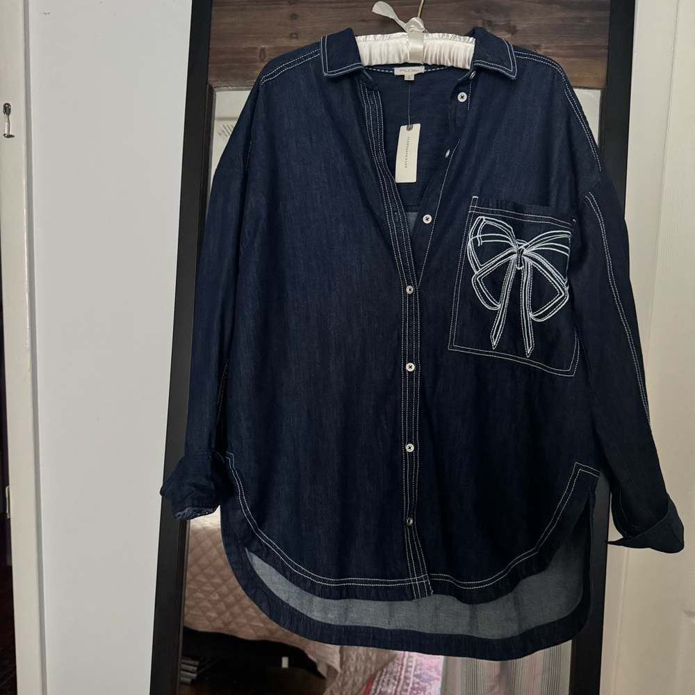 Pilcro Oversized Denim Jacket with White Embroidered Stitching